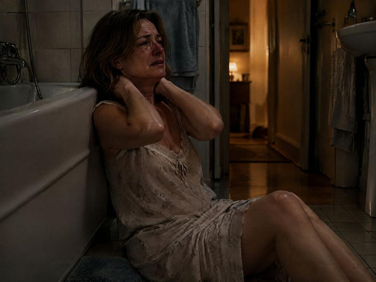 Une femme assise par terre dans la salle de bain, la nuit, les mains sur la nuque