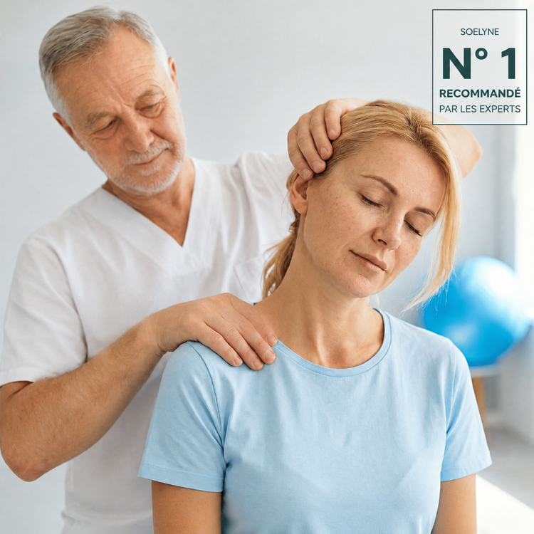 Un kinésithérapeute étire doucement les cervicales de sa patiente